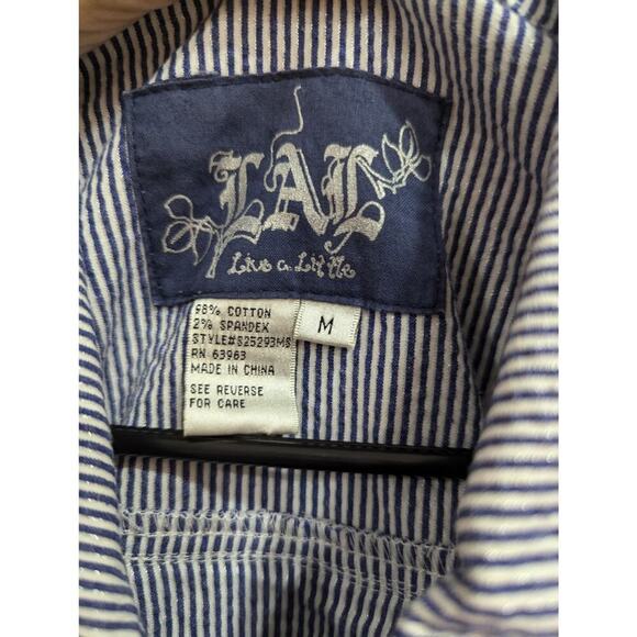 Women's pretty pinstripe pinafore smock w/Peter Pan collar & oversized buttons M - Picture 2 of 10